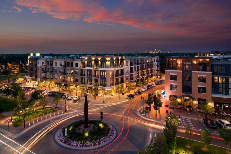 Our luxury apartments in St. Louis Park, MN night time plaza.